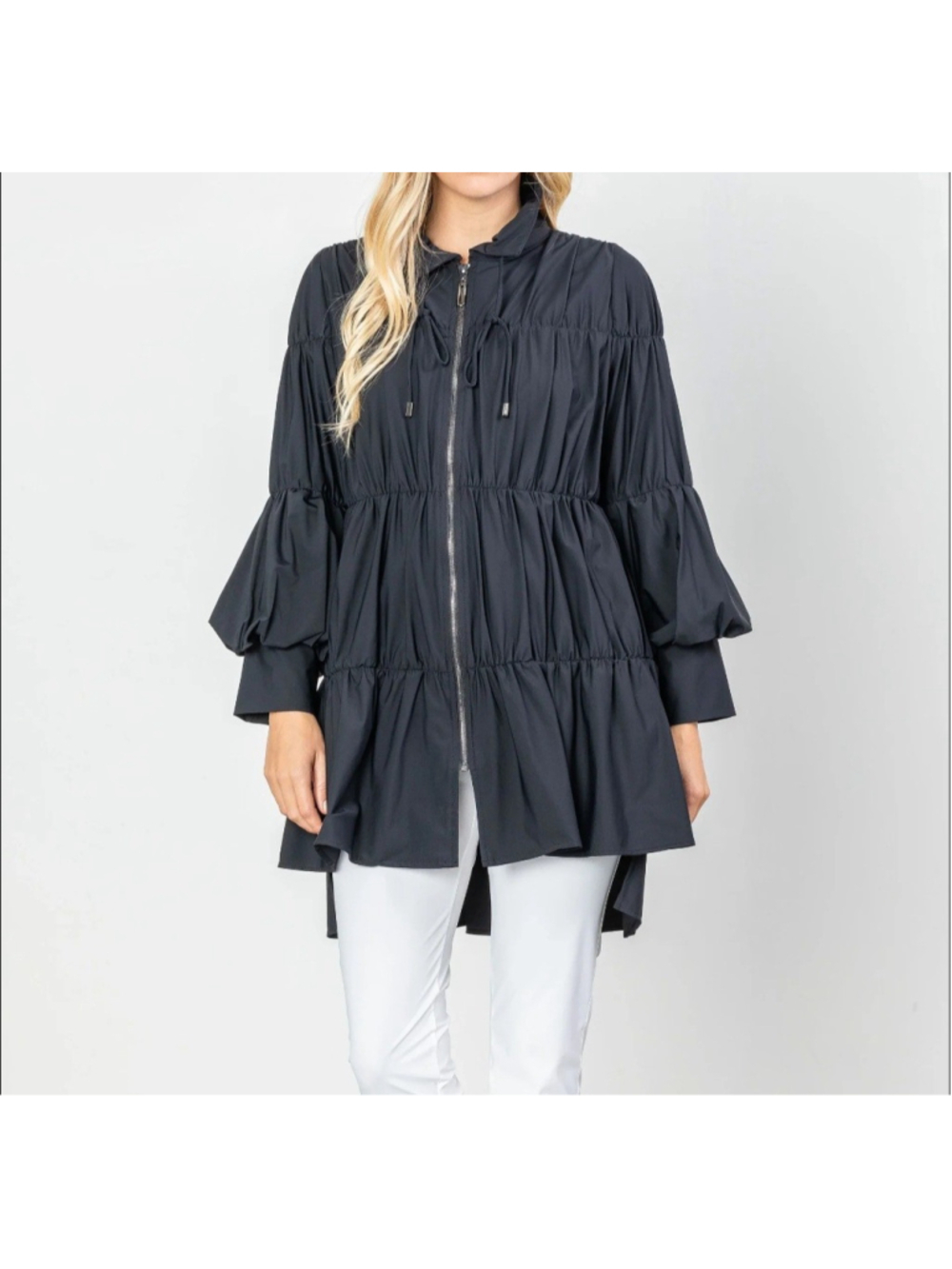 IC Collection Women's Black Full-Zip Ruched Long-Sleeve Tier Jacket Size Medium